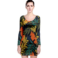 Fashionable Seamless Tropical Pattern With Bright Green Blue Plants Leaves Long Sleeve Bodycon Dress by Wegoenart