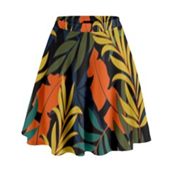 Fashionable Seamless Tropical Pattern With Bright Green Blue Plants Leaves High Waist Skirt by Wegoenart