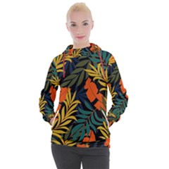 Fashionable Seamless Tropical Pattern With Bright Green Blue Plants Leaves Women s Hooded Pullover