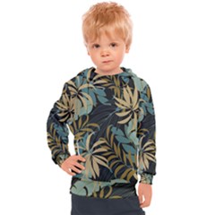 Fashionable Seamless Tropical Pattern With Bright Red Blue Plants Leaves Kids  Hooded Pullover