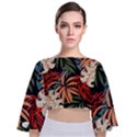 Fashionable Seamless Tropical Pattern With Bright Pink Yellow Plants Leaves Tie Back Butterfly Sleeve Chiffon Top View1