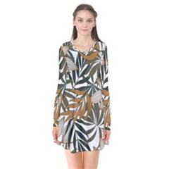 Trendy Seamless Tropical Pattern With Bright White Yellow Flowers Long Sleeve V-neck Flare Dress by Wegoenart