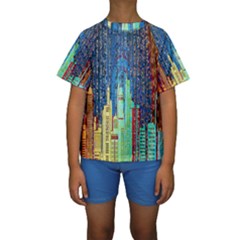 Matrix City Urbanization Technology Kids  Short Sleeve Swimwear