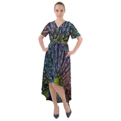 Peacock Colors Bird Colorful Front Wrap High Low Dress