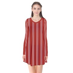 Nice Stripes - Apple Red Long Sleeve V-neck Flare Dress by FashionBoulevard