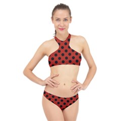 Polka Dots - Black On Apple Red High Neck Bikini Set by FashionBoulevard