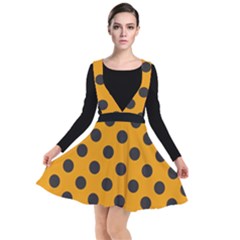 Polka Dots Black On Honey Orange Plunge Pinafore Dress by FashionBoulevard