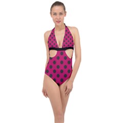 Polka Dots Black On Peacock Pink Halter Front Plunge Swimsuit by FashionBoulevard