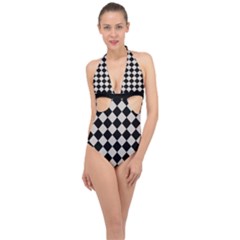 Block Fiesta Black And Abalone Grey Halter Front Plunge Swimsuit by FashionBoulevard