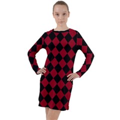 Block Fiesta Black And Carmine Red  Long Sleeve Hoodie Dress