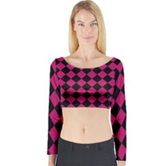 Block Fiesta Black And Peacock Pink Long Sleeve Crop Top by FashionBoulevard