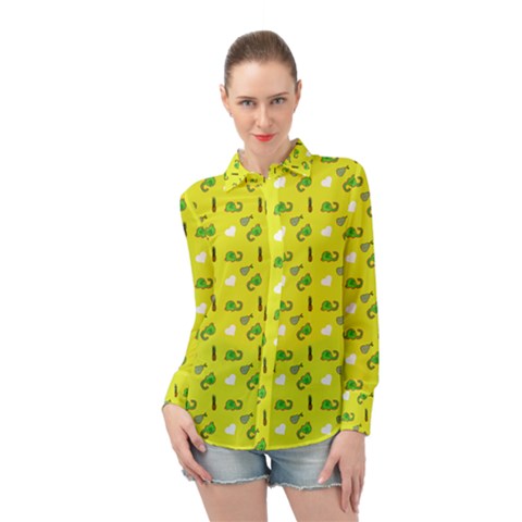 Green Elephant Pattern Yellow Long Sleeve Chiffon Shirt by snowwhitegirl