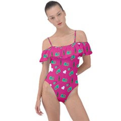 Green Elephant Pattern Hot Pink Frill Detail One Piece Swimsuit by snowwhitegirl