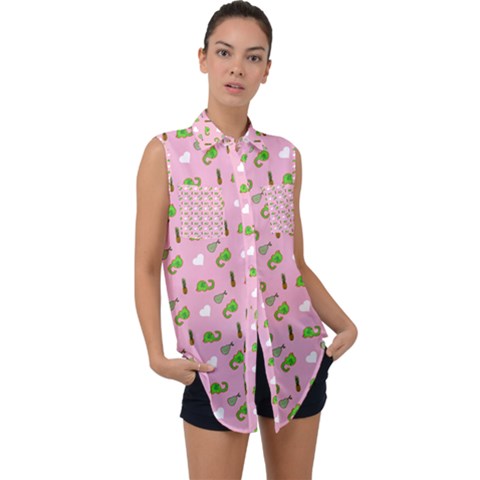 Green Elephant Pattern Pink Sleeveless Chiffon Button Shirt by snowwhitegirl