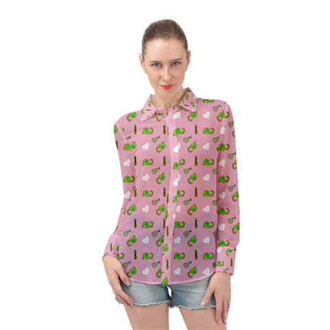 Green Elephant Pattern Pink Long Sleeve Chiffon Shirt by snowwhitegirl