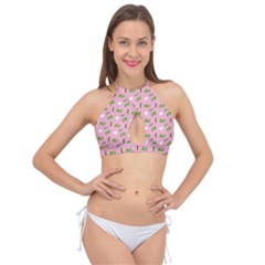 Green Elephant Pattern Pink Cross Front Halter Bikini Top by snowwhitegirl