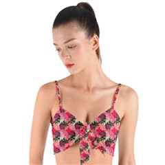 Doily Rose Pattern Watermelon Pink Woven Tie Front Bralet by snowwhitegirl