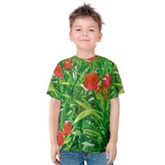 Red Flowers And Green Plants At Outdoor Garden Kids  Cotton Tee