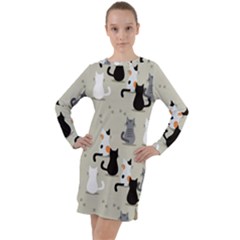 Cute Cat Seamless Pattern Long Sleeve Hoodie Dress