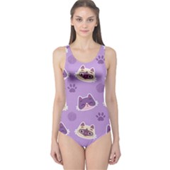 Cute Colorful Cat Kitten With Paw Yarn Ball Seamless Pattern One Piece Swimsuit by Vaneshart