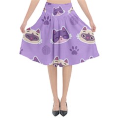 Cute Colorful Cat Kitten With Paw Yarn Ball Seamless Pattern Flared Midi Skirt