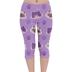 Cute Colorful Cat Kitten With Paw Yarn Ball Seamless Pattern Velvet Capri Leggings  by Vaneshart