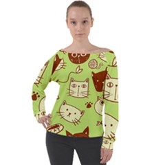 Cute Hand Drawn Cat Seamless Pattern Off Shoulder Long Sleeve Velour Top