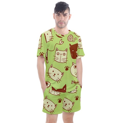 Cute Hand Drawn Cat Seamless Pattern Men s Mesh Tee And Shorts Set by Vaneshart