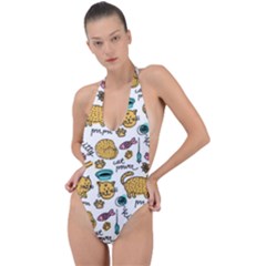 Hand Drawn Kitten Pattern With Elements Backless Halter One Piece Swimsuit