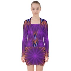 Art Abstract Fractal Pattern V-neck Bodycon Long Sleeve Dress