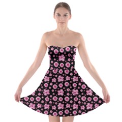 Pink And Black Floral Collage Print Strapless Bra Top Dress