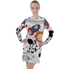 Astronaut Drawing Planet Long Sleeve Hoodie Dress