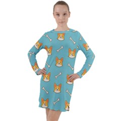 Cute Corgi Dog Face Pattern Long Sleeve Hoodie Dress by Nexatart