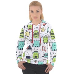 Seamless Pattern With Funny Monsters Cartoon Hand Drawn Characters Colorful Unusual Creatures Women s Overhead Hoodie