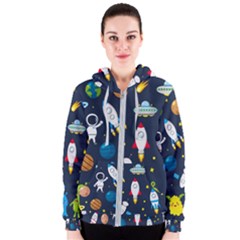 Big Set Cute Astronauts Space Planets Stars Aliens Rockets Ufo Constellations Satellite Moon Rover V Women s Zipper Hoodie by Nexatart