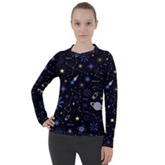 Starry Night  Space Constellations  Stars  Galaxy  Universe Graphic  Illustration Women s Pique Long Sleeve Tee