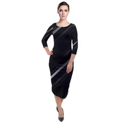 Minimalist Black Linear Abstract Print Quarter Sleeve Midi Velour Bodycon Dress