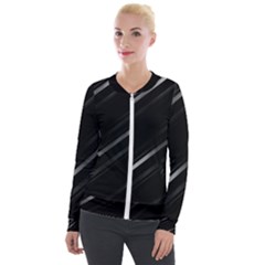 Minimalist Black Linear Abstract Print Velour Zip Up Jacket