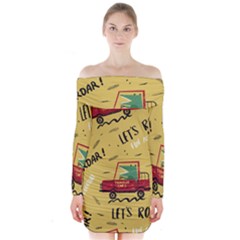 Childish Seamless Pattern With Dino Driver Long Sleeve Off Shoulder Dress by Vaneshart