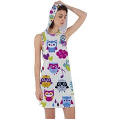 Funny Colorful Owls Racer Back Hoodie Dress