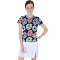 Colorful Donut Seamless Pattern On Black Vector Women s Sports Top View1