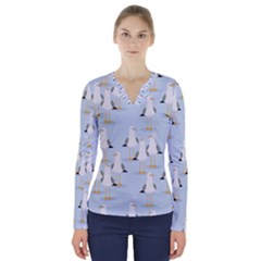 Cute Seagulls Seamless Pattern Light Blue Background V-neck Long Sleeve Top by Wegoenart