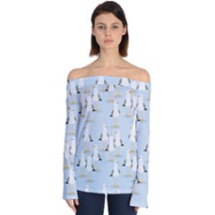 Cute Seagulls Seamless Pattern Light Blue Background Off Shoulder Long Sleeve Top by Wegoenart