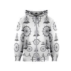 Marine Nautical Seamless Pattern With Vintage Lighthouse Wheel Kids  Zipper Hoodie by Wegoenart