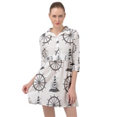 Marine Nautical Seamless Pattern With Vintage Lighthouse Wheel Mini Skater Shirt Dress by Wegoenart