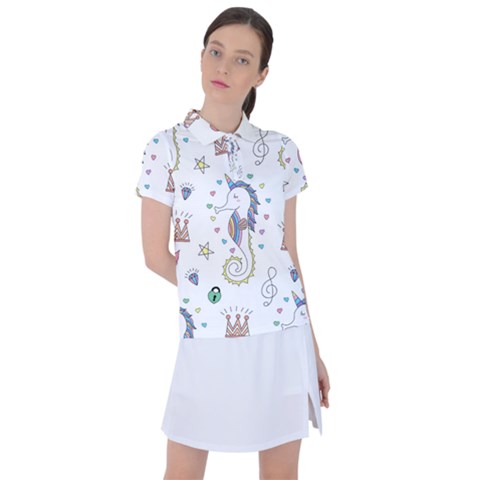 Seamless Pattern Cute Unicorn Cartoon Hand Drawn Women s Polo Tee by Wegoenart