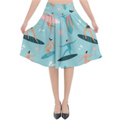 Beach Surfing Surfers With Surfboards Surfer Rides Wave Summer Outdoors Surfboards Seamless Pattern Flared Midi Skirt by Wegoenart