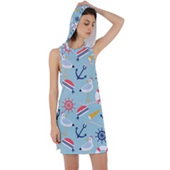 Nautical Marine Symbols Seamless Pattern Racer Back Hoodie Dress by Wegoenart