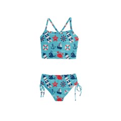 Seamless Pattern Nautical Icons Cartoon Style Girls  Tankini Swimsuit