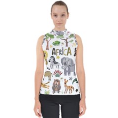 Cartoon African Animals Mock Neck Shell Top by Wegoenart